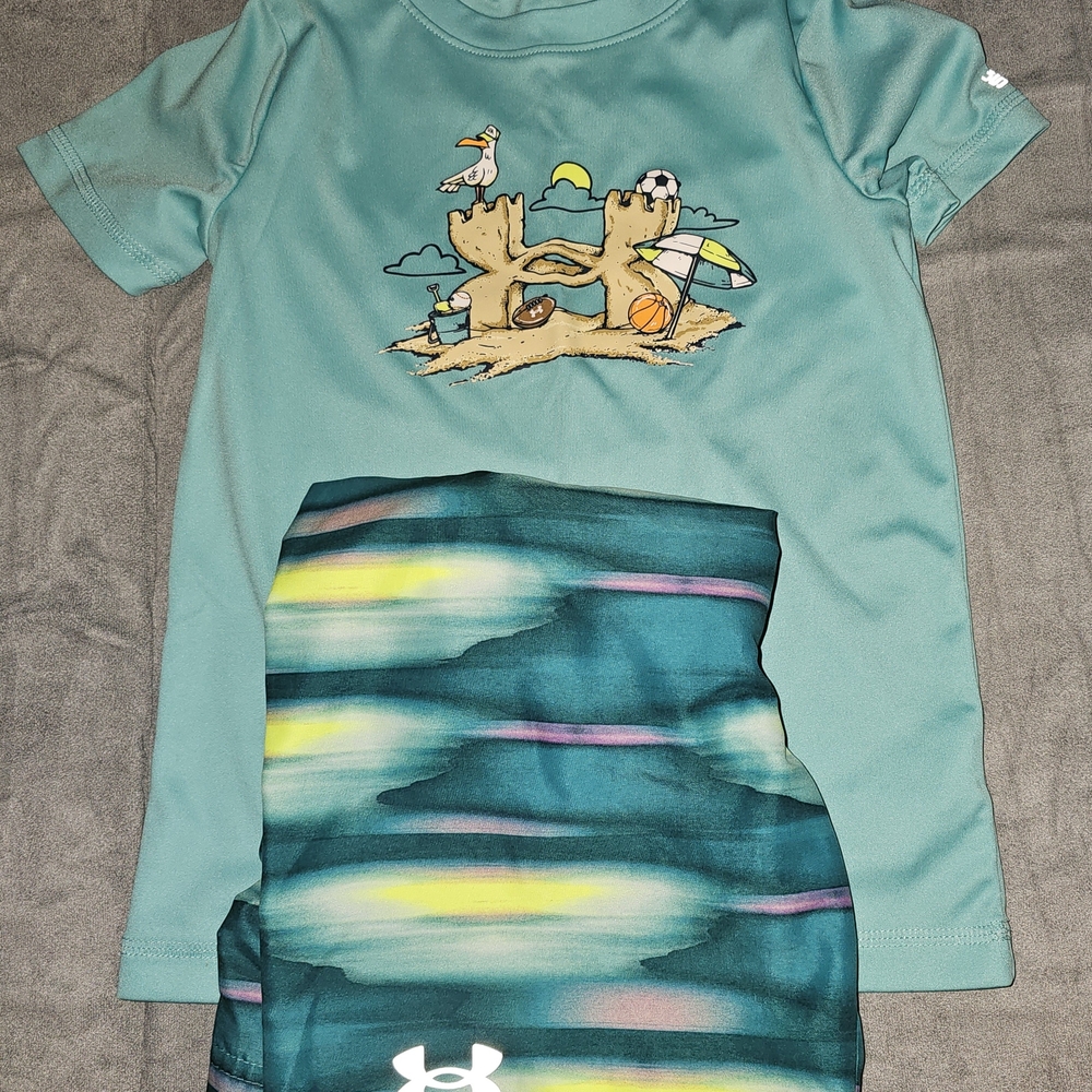 Under Armour Kids Teal Rashguard Swim Set with Multicolor Bottoms